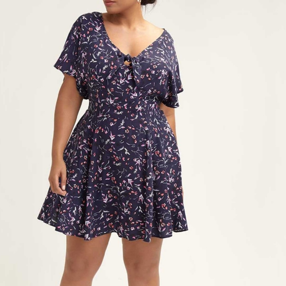 Penningtons Fit & Flare Blue Floral Ruffle Dress V-Neck Casual Summer Sundress